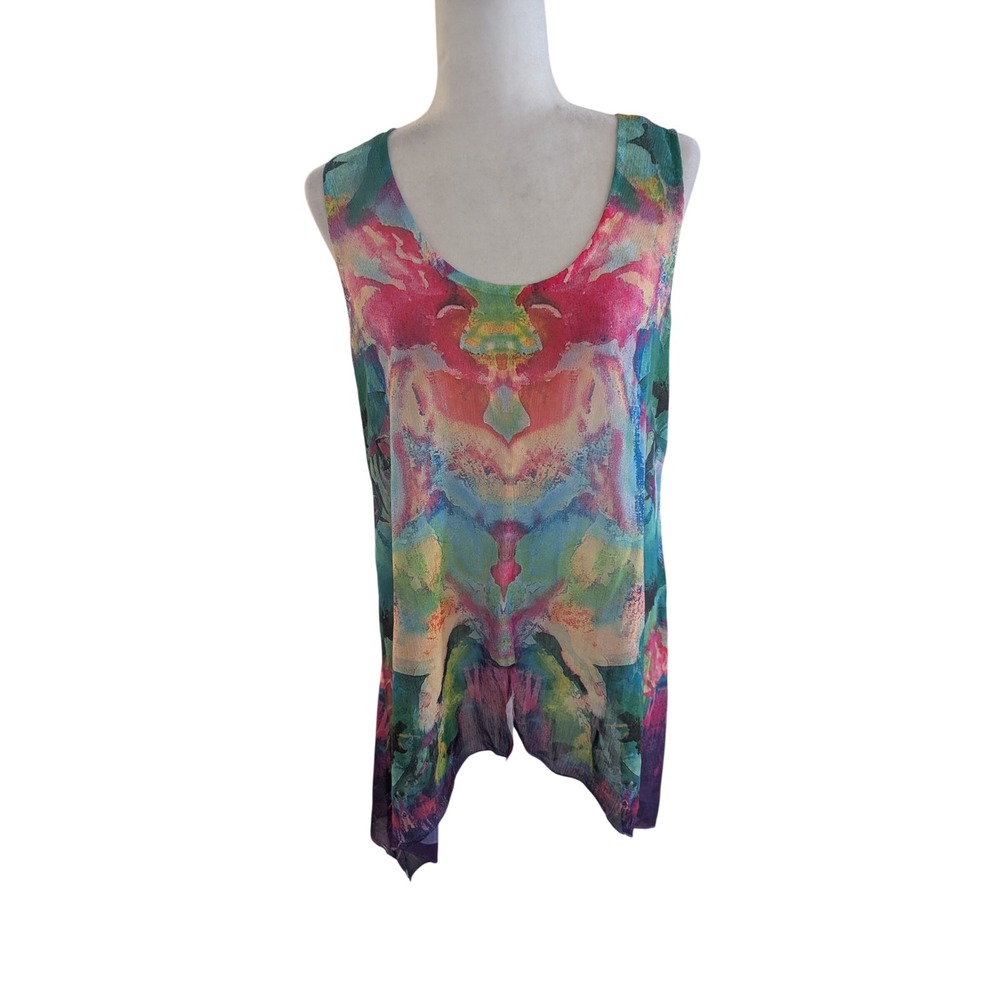Soft Surroundings Watercolor Abstract Sharkbite Hem Sleeveless Tunic Top Multi